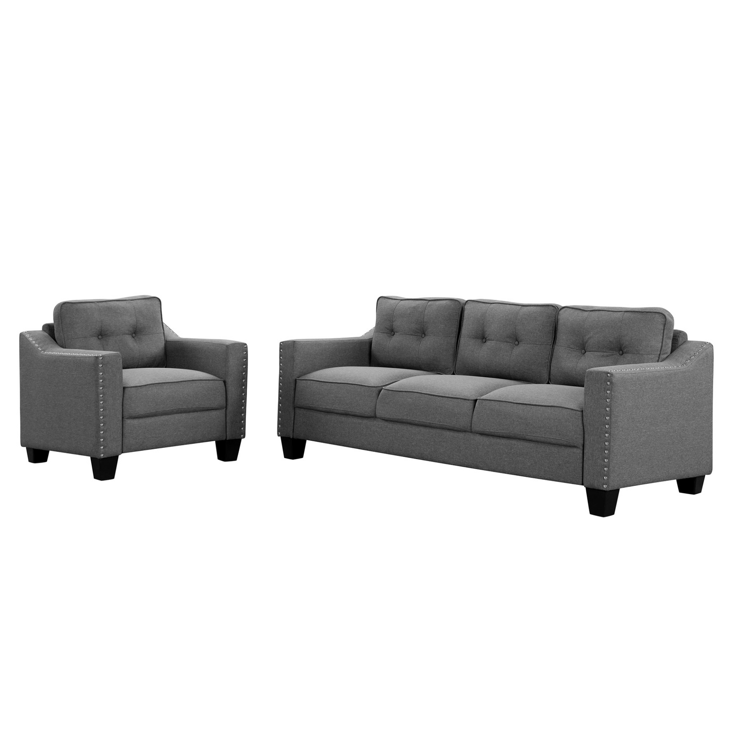 3 Piece Living Room Set with tufted cushions.