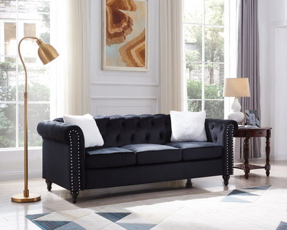 3-Seater Sofa With Button and Copper Nail on Arms and Back, Two White Villose Pillow, Velvet Black (82.5"x34.5"x30")