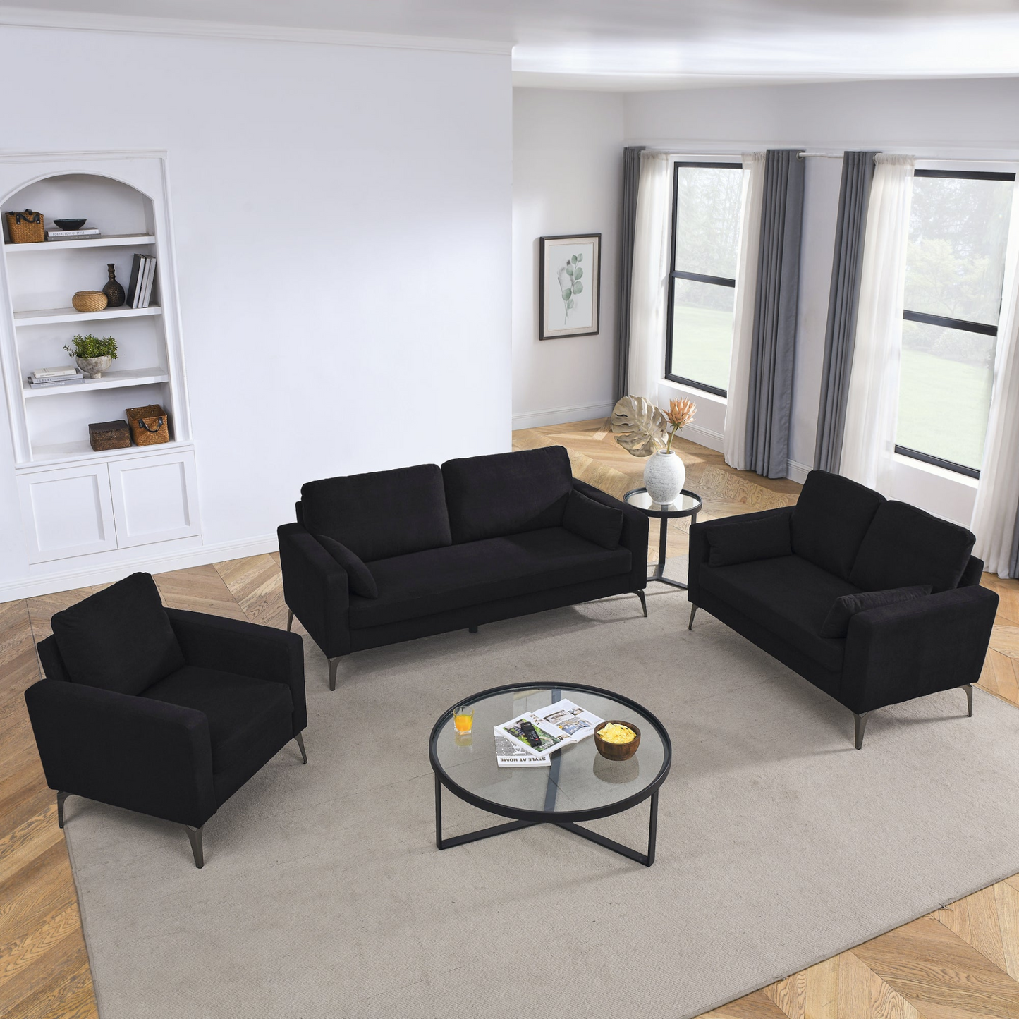 3 Piece Living Room Sofa Set, including 3-Seater Sofa, Loveseat and Sofa Chair, with Two Small Pillows, Corduroy Black