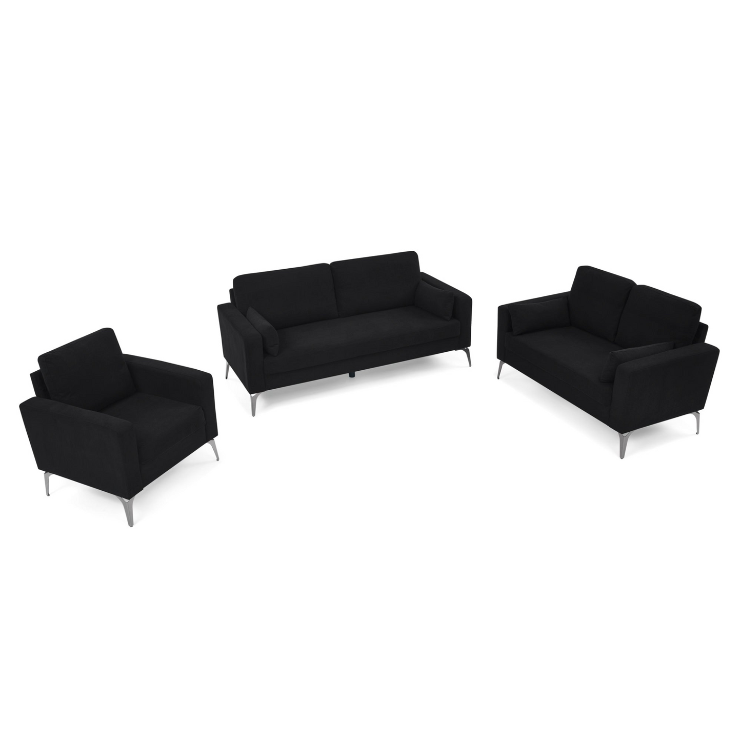 3 Piece Living Room Sofa Set, including 3-Seater Sofa, Loveseat and Sofa Chair, with Two Small Pillows, Corduroy Black