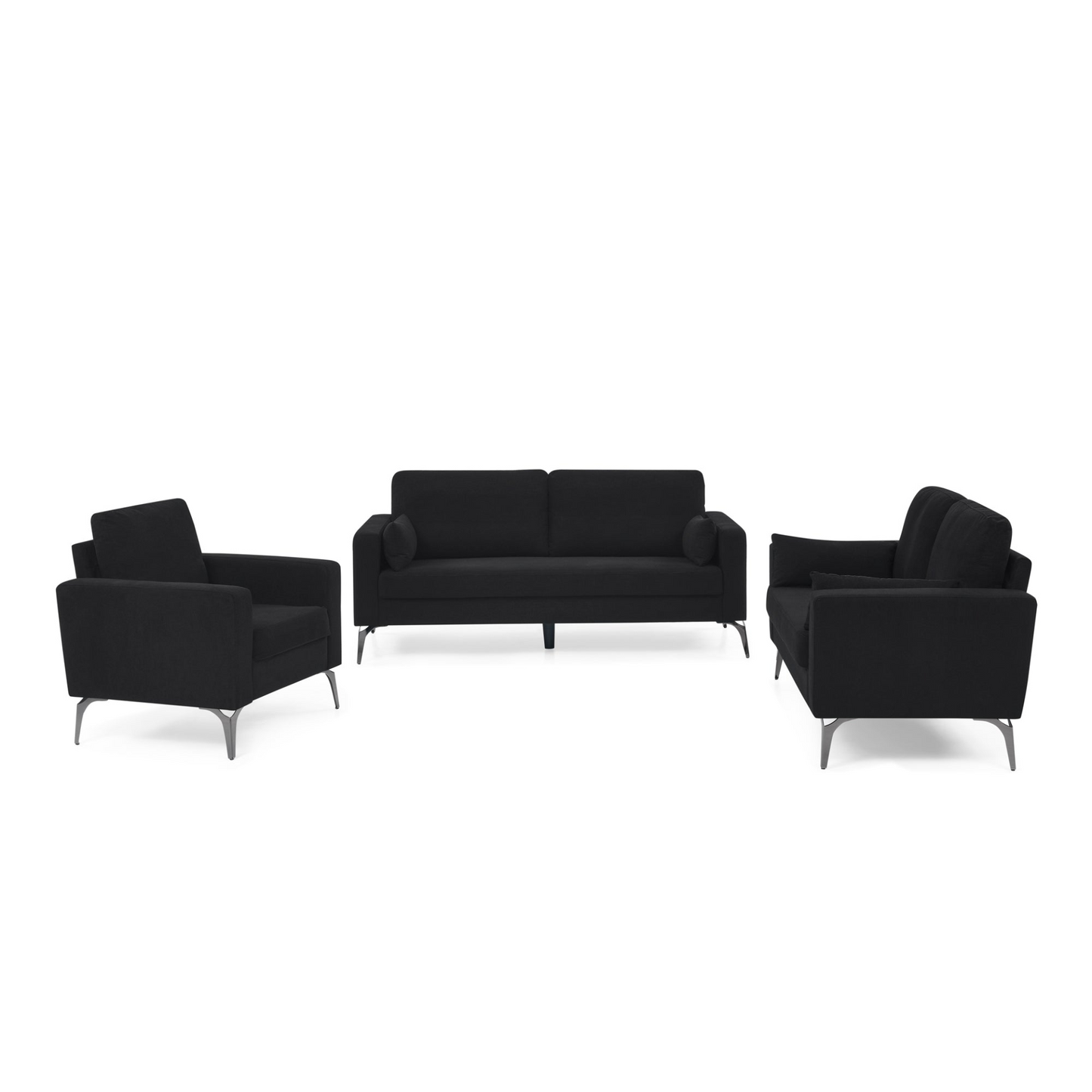 3 Piece Living Room Sofa Set, including 3-Seater Sofa, Loveseat and Sofa Chair, with Two Small Pillows, Corduroy Black