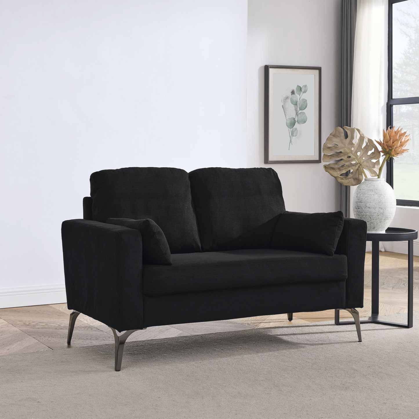 3 Piece Living Room Sofa Set, including 3-Seater Sofa, Loveseat and Sofa Chair, with Two Small Pillows, Corduroy Black