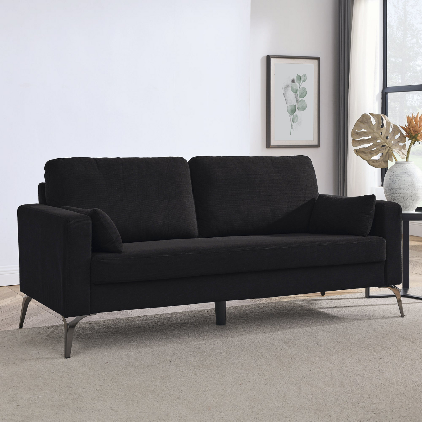 3 Piece Living Room Sofa Set, including 3-Seater Sofa, Loveseat and Sofa Chair, with Two Small Pillows, Corduroy Black