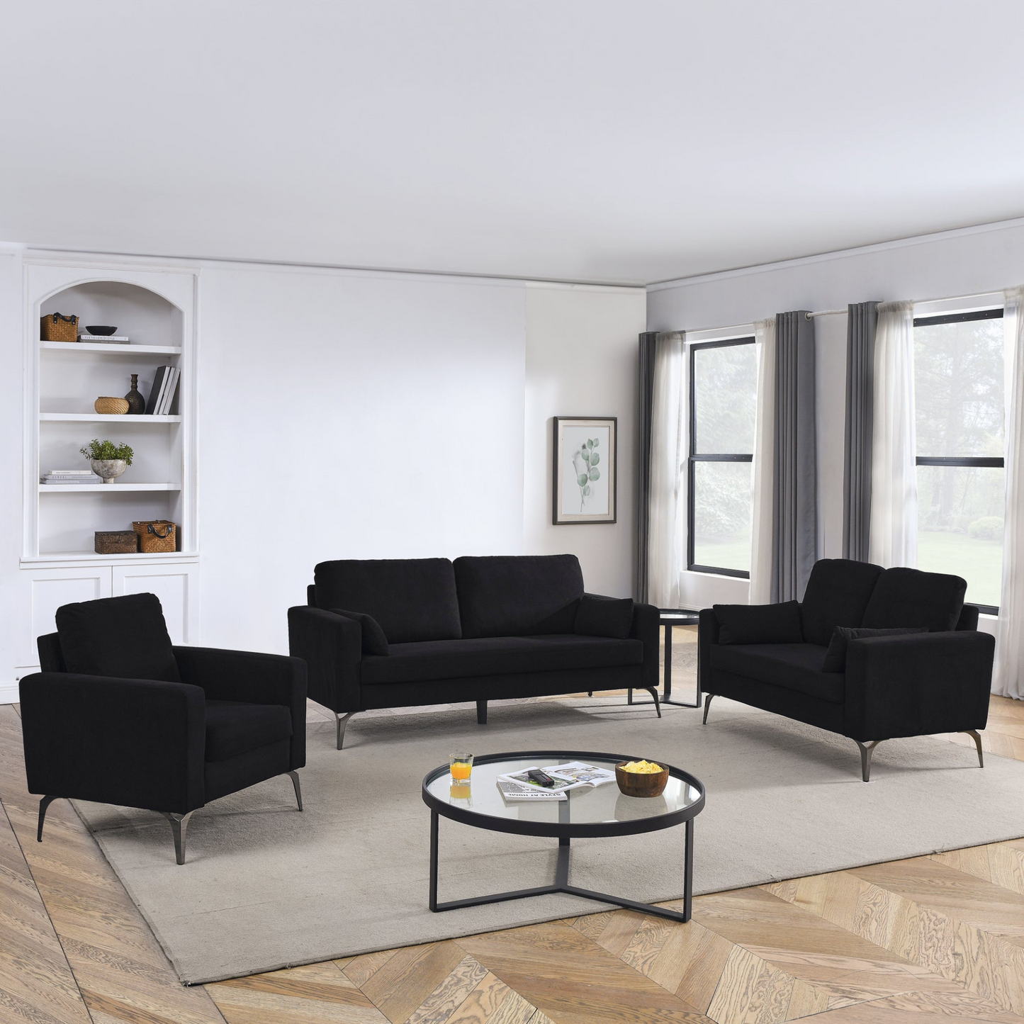 3 Piece Living Room Sofa Set, including 3-Seater Sofa, Loveseat and Sofa Chair, with Two Small Pillows, Corduroy Black