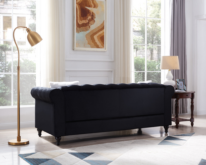 3-Seater Sofa With Button and Copper Nail on Arms and Back, Two White Villose Pillow, Velvet Black (82.5"x34.5"x30")