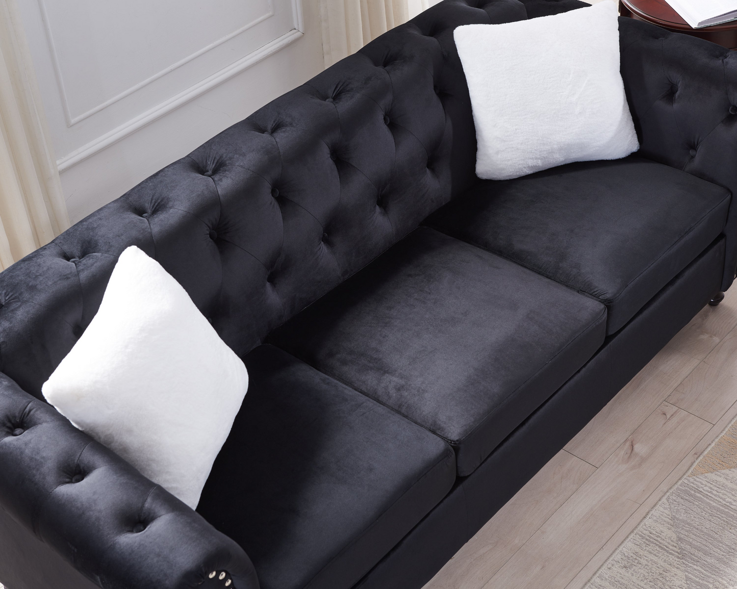 3-Seater Sofa With Button and Copper Nail on Arms and Back, Two White Villose Pillow, Velvet Black (82.5"x34.5"x30")