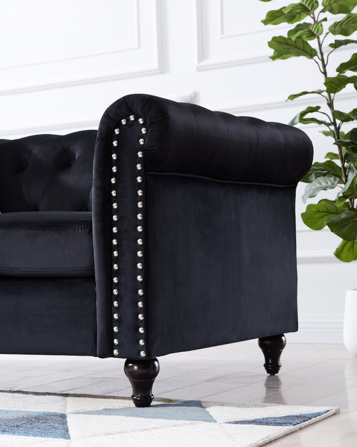 3-Seater Sofa With Button and Copper Nail on Arms and Back, Two White Villose Pillow, Velvet Black (82.5"x34.5"x30")