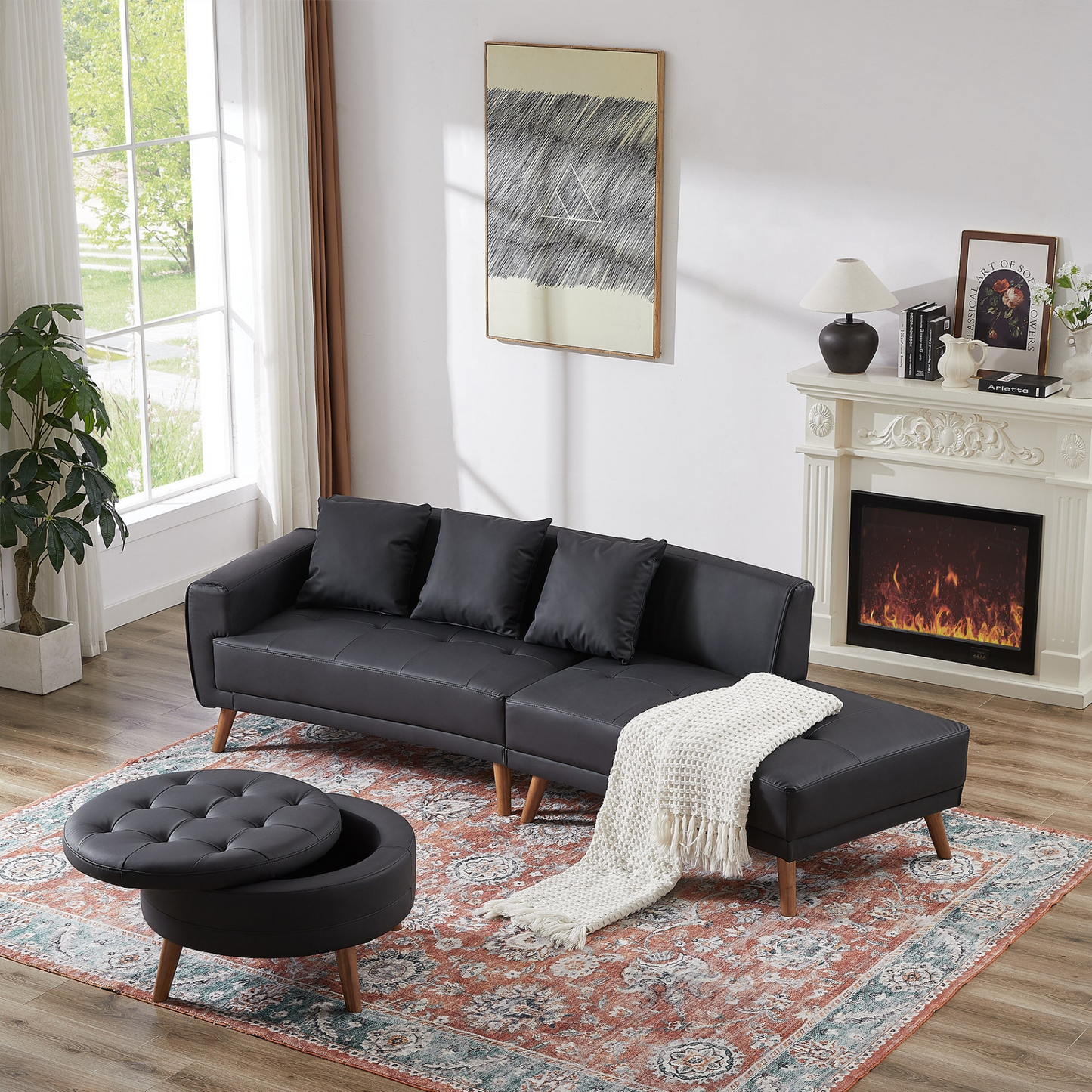 107" Contemporary Sofa Stylish Sofa Couch with a Round Storage Ottoman and Three Removable Pillows for Living Room, Black