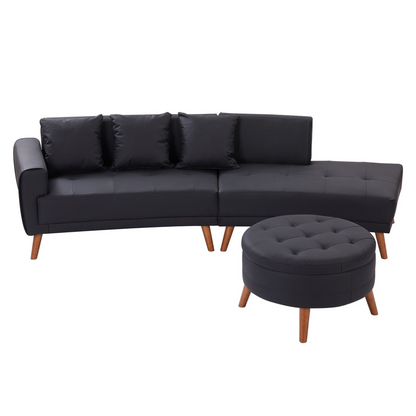 107" Contemporary Sofa Stylish Sofa Couch with a Round Storage Ottoman and Three Removable Pillows for Living Room, Black