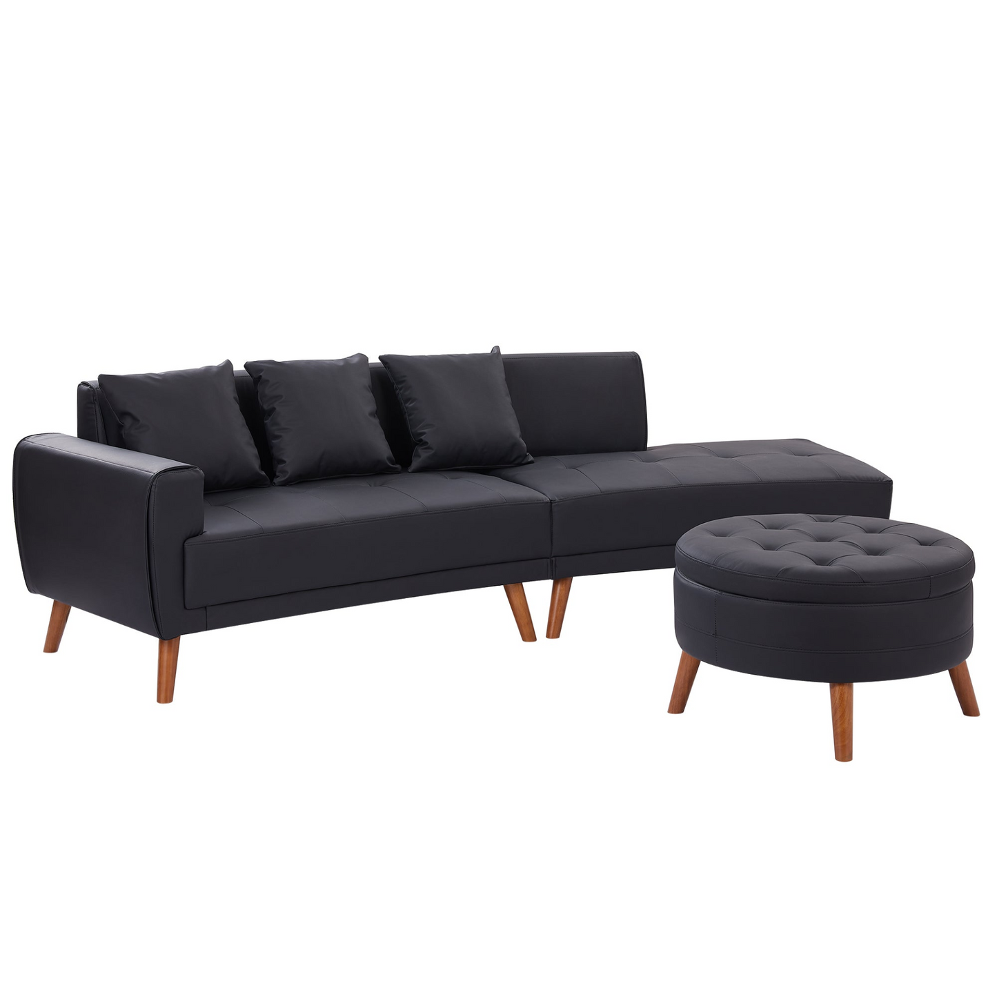 107" Contemporary Sofa Stylish Sofa Couch with a Round Storage Ottoman and Three Removable Pillows for Living Room, Black