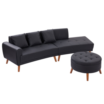 107" Contemporary Sofa Stylish Sofa Couch with a Round Storage Ottoman and Three Removable Pillows for Living Room, Black