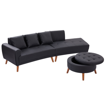 107" Contemporary Sofa Stylish Sofa Couch with a Round Storage Ottoman and Three Removable Pillows for Living Room, Black