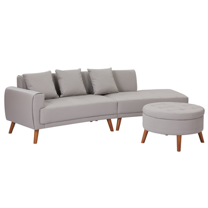 107" Contemporary Sofa Stylish Sofa Couch with a Round Storage Ottoman and Three Removable Pillows for Living Room, Grey