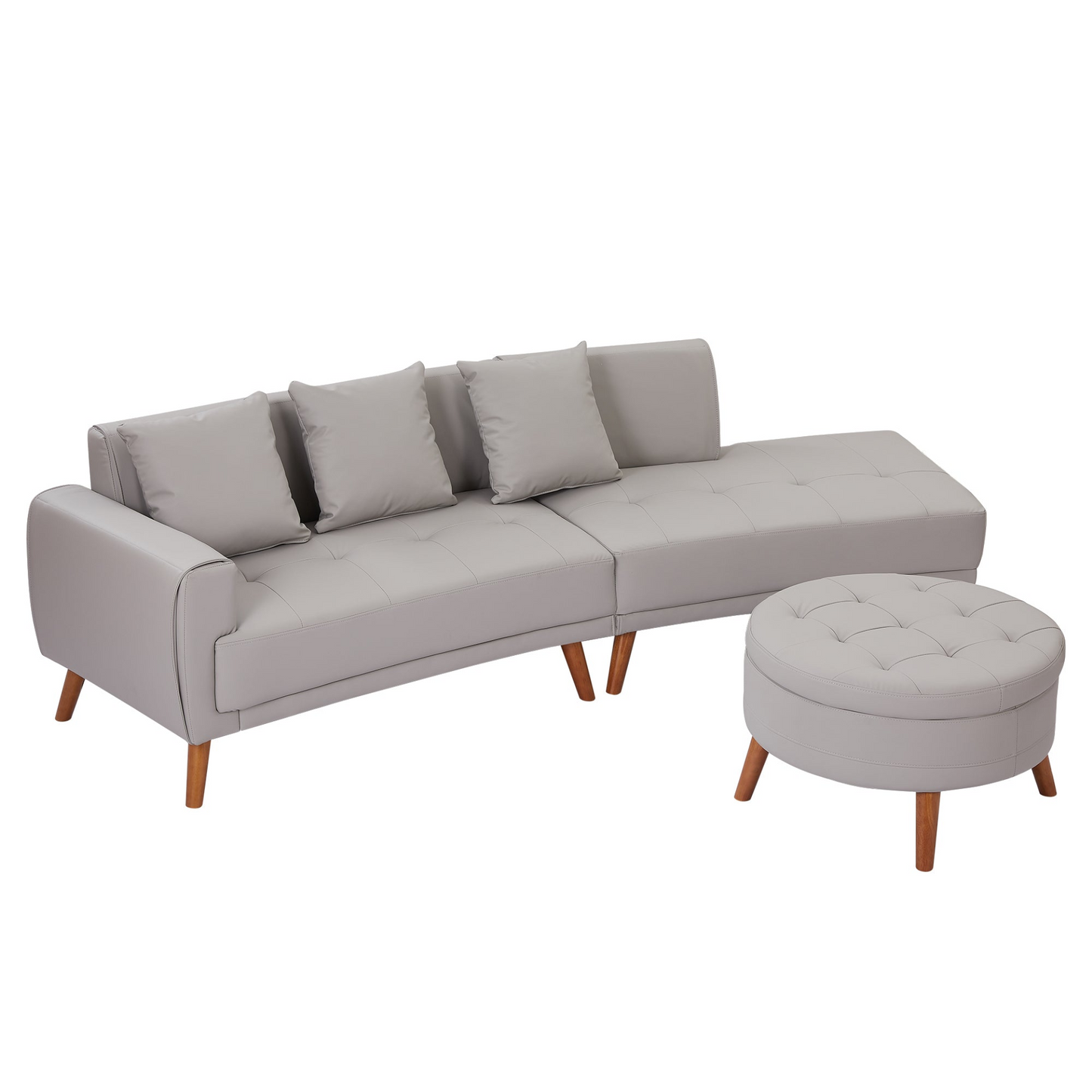 107" Contemporary Sofa Stylish Sofa Couch with a Round Storage Ottoman and Three Removable Pillows for Living Room, Grey