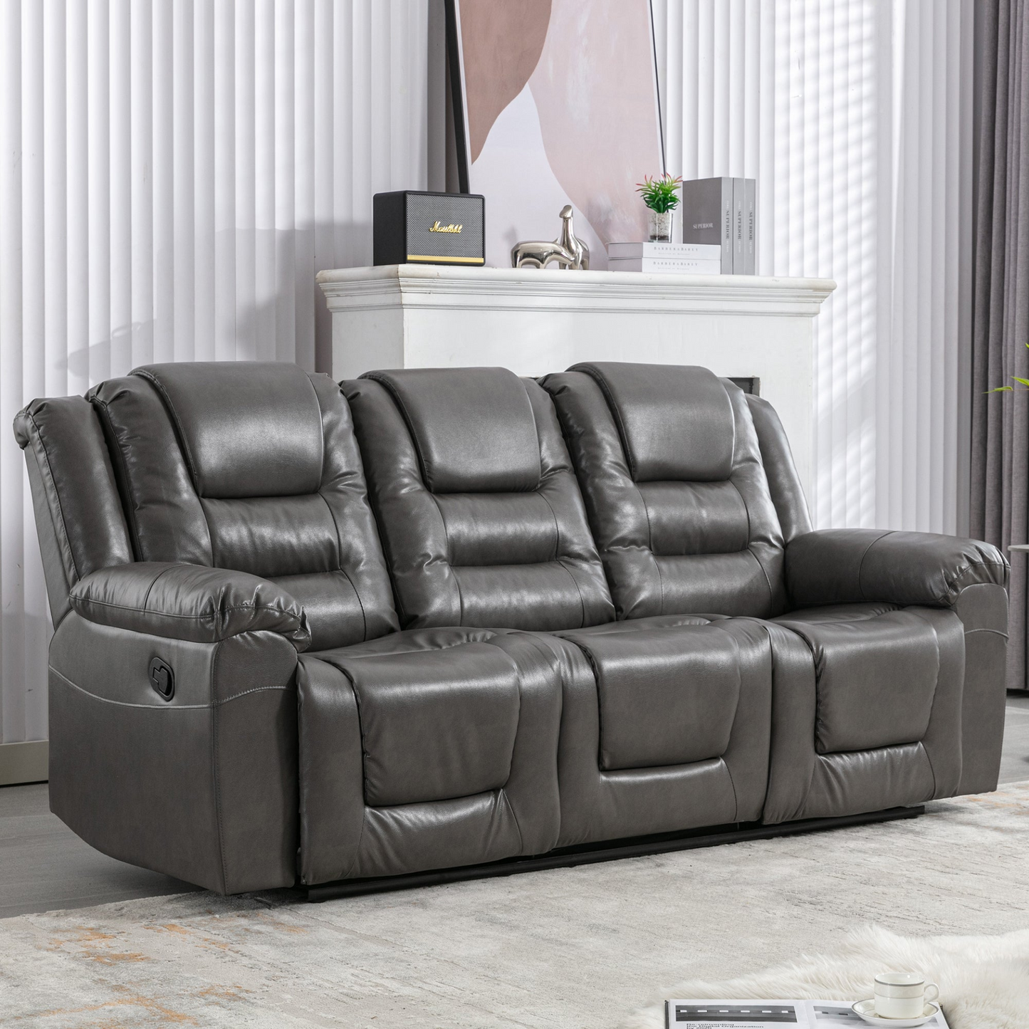 3 Seater Home Theater Recliner Manual Recliner Chair with Two Built-in Cup Holders for Living Room,Bedroom, Grey