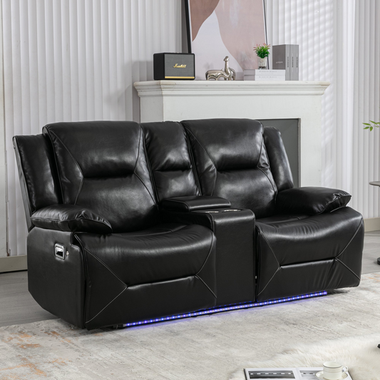 2 Seater Home Theater Recliner Manual Recliner Chair with a LED Light Strip Two Cup Holders and a Storage Box for Living Room,Bedroom, Black