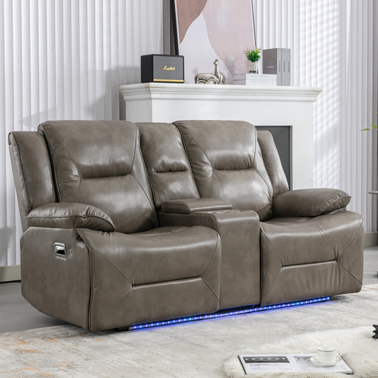 2 Seater Home Theater Recliner Manual Recliner Chair with a LED Light Strip Two Cup Holders and a Storage Box for Living Room,Bedroom, Grey