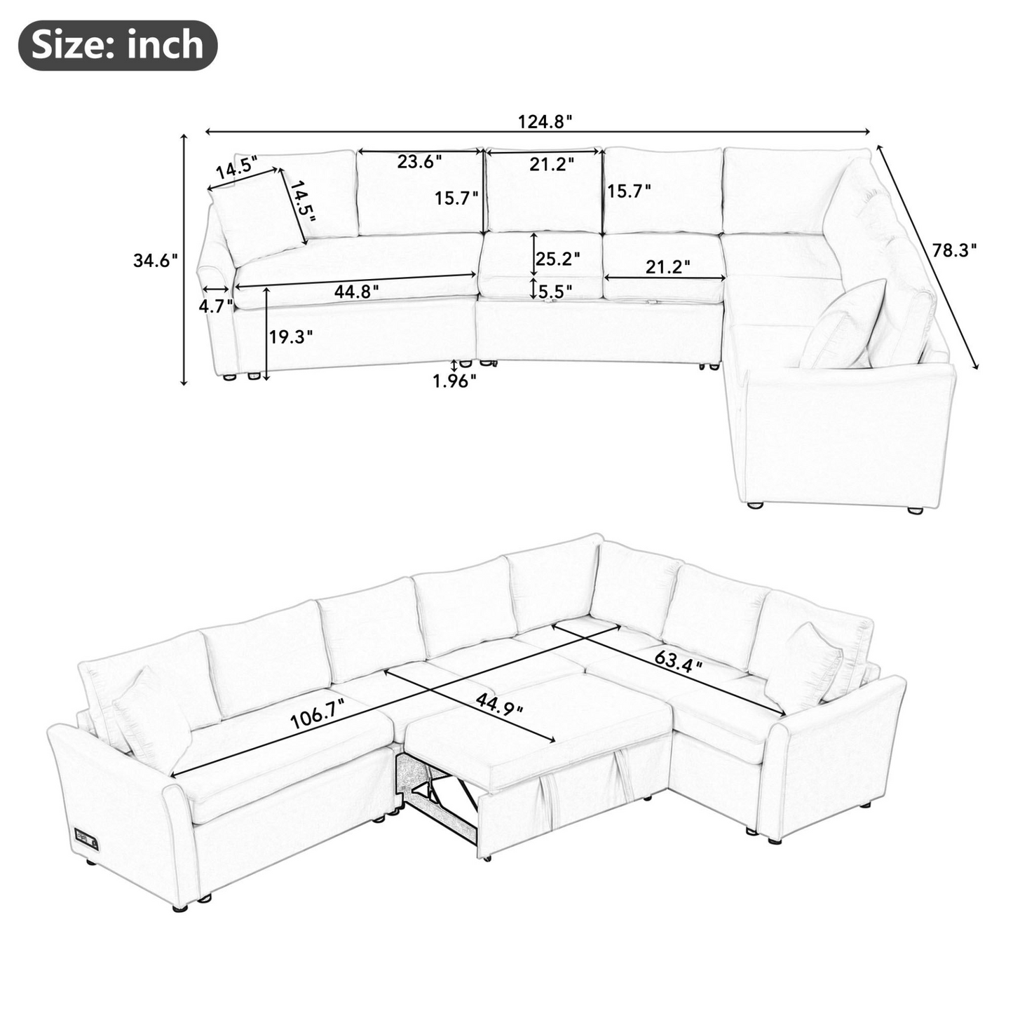 124.8"L-shaped Sofa Convertible Sofa Bed Pull Out Sofa Sleeper with Two Back Pillows, Two USB Ports and Two Power Sockets for Living Room, Gray