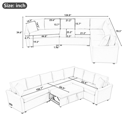 124.8"L-shaped Sofa Convertible Sofa Bed Pull Out Sofa Sleeper with Two Back Pillows, Two USB Ports and Two Power Sockets for Living Room, Gray