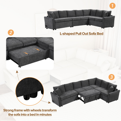 124.8"L-shaped Sofa Convertible Sofa Bed Pull Out Sofa Sleeper with Two Back Pillows, Two USB Ports and Two Power Sockets for Living Room, Gray