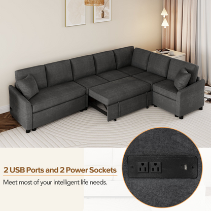 124.8"L-shaped Sofa Convertible Sofa Bed Pull Out Sofa Sleeper with Two Back Pillows, Two USB Ports and Two Power Sockets for Living Room, Gray