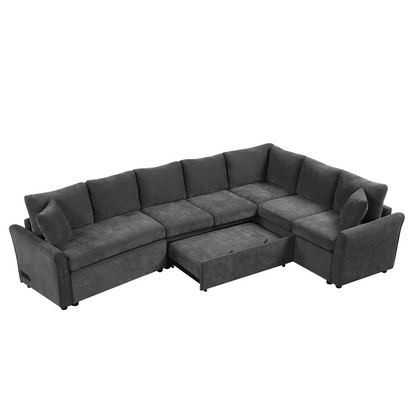 124.8"L-shaped Sofa Convertible Sofa Bed Pull Out Sofa Sleeper with Two Back Pillows, Two USB Ports and Two Power Sockets for Living Room, Gray