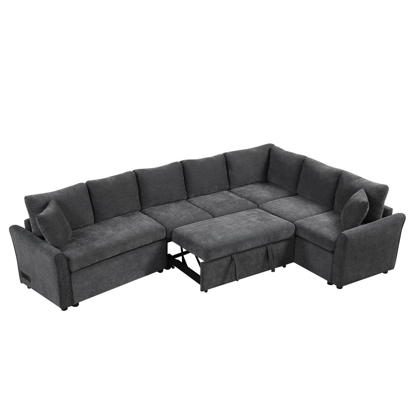 124.8"L-shaped Sofa Convertible Sofa Bed Pull Out Sofa Sleeper with Two Back Pillows, Two USB Ports and Two Power Sockets for Living Room, Gray