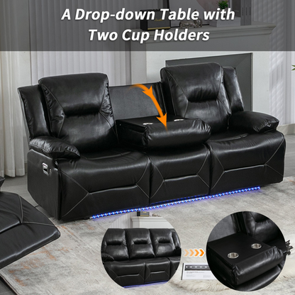 3 Seater Home Theater Recliner Manual Recliner Chair with a LED Light Strip Two Built-in Cup Holders for Living Room,Bedroom, Black