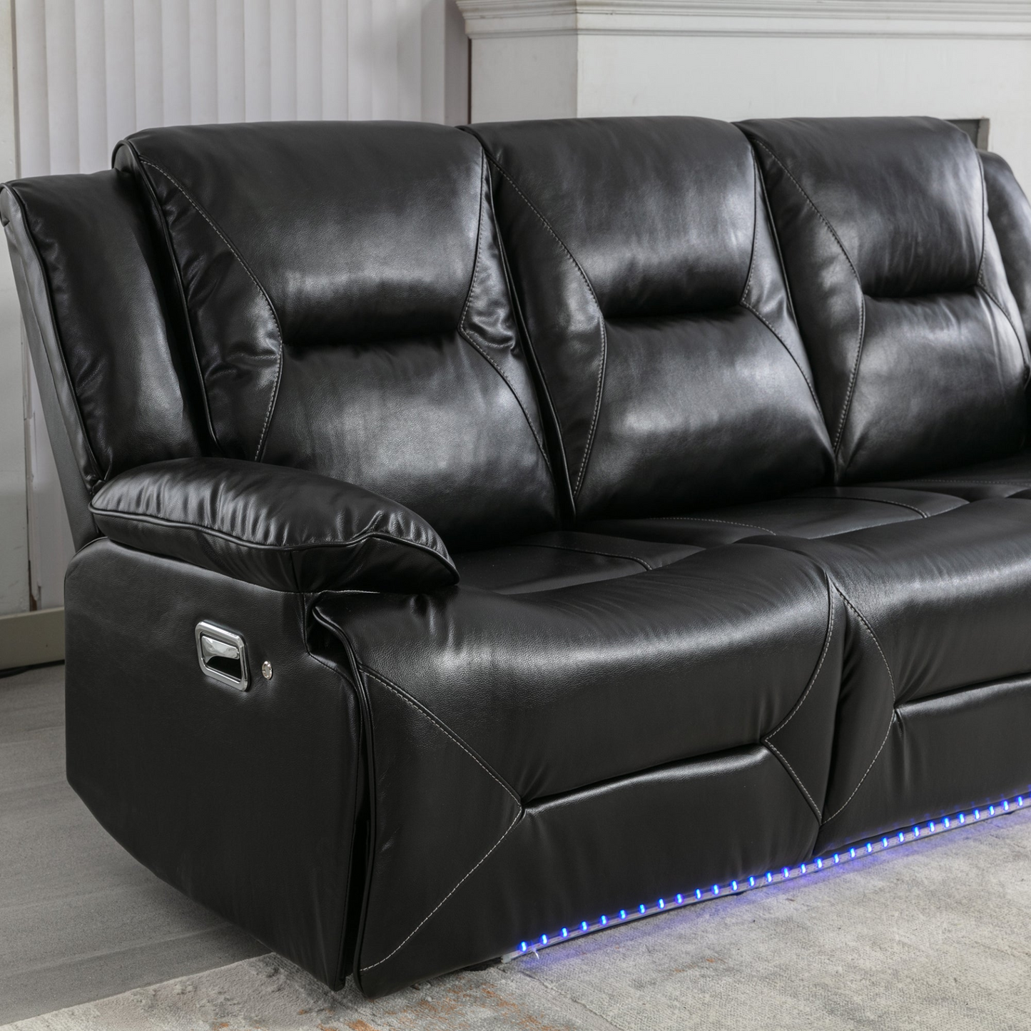 3 Seater Home Theater Recliner Manual Recliner Chair with a LED Light Strip Two Built-in Cup Holders for Living Room,Bedroom, Black