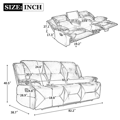 3 Seater Home Theater Recliner Manual Recliner Chair with a LED Light Strip Two Built-in Cup Holders for Living Room,Bedroom, Grey