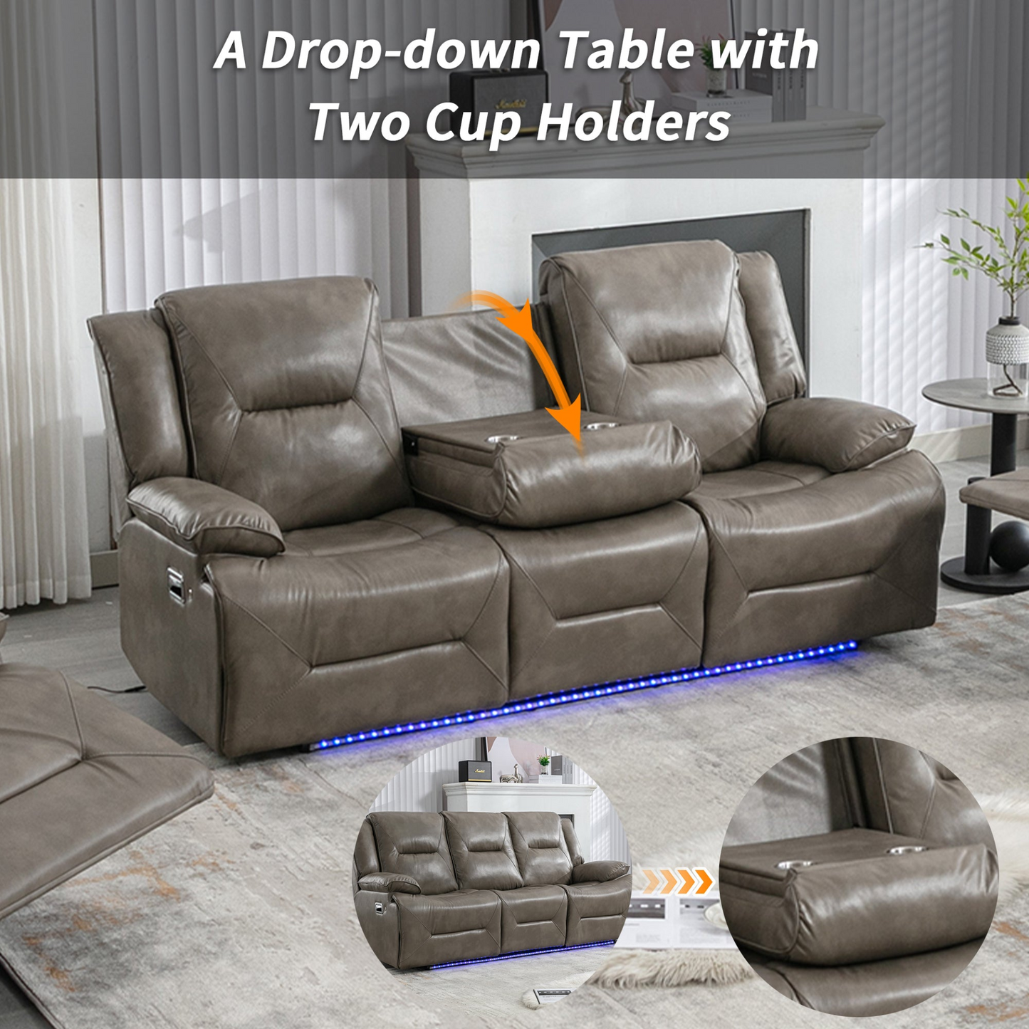 3 Seater Home Theater Recliner Manual Recliner Chair with a LED Light Strip Two Built-in Cup Holders for Living Room,Bedroom, Grey