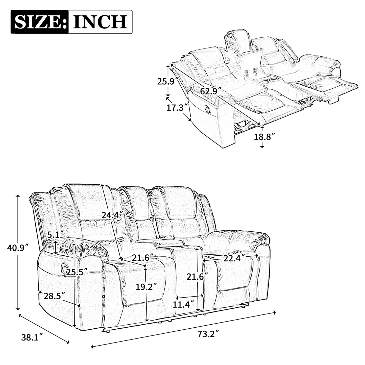 2 Seater Home Theater Recliner Manual Recliner Chair with a Storage Box and Two Cup Holders for Living Room,Bedroom, Grey