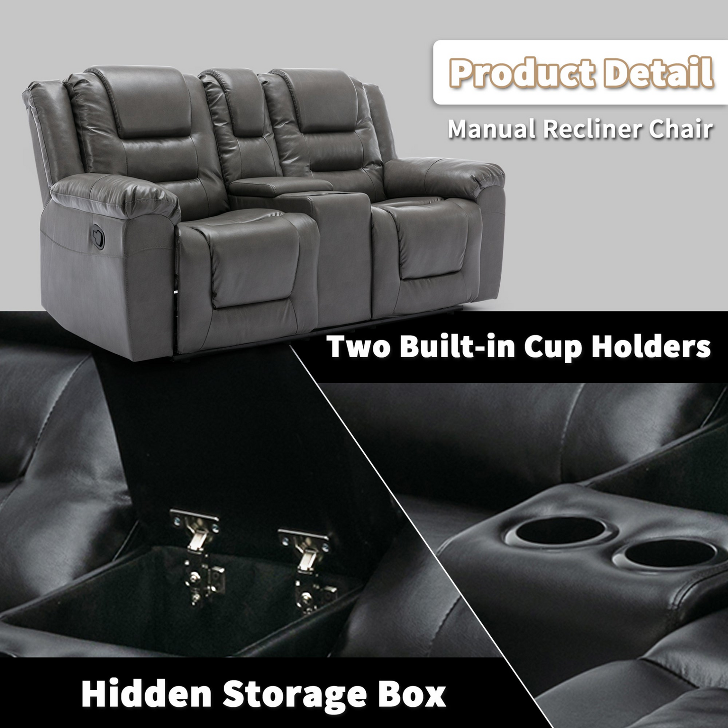 2 Seater Home Theater Recliner Manual Recliner Chair with a Storage Box and Two Cup Holders for Living Room,Bedroom, Grey