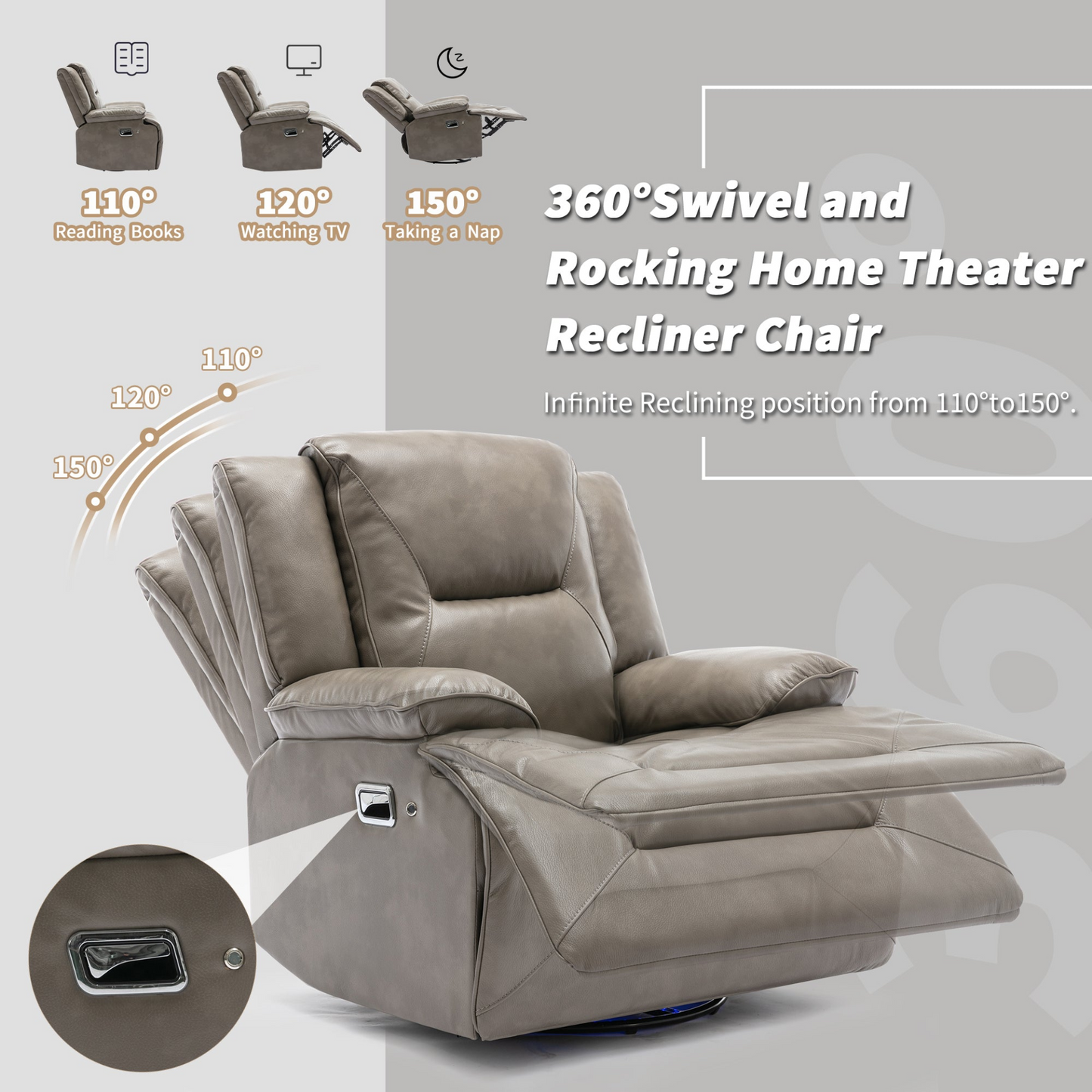 360° Swivel and Rocking Home Theater Recliner Manual Recliner Chair with a LED Light Strip for Living Room,Bedroom, Grey