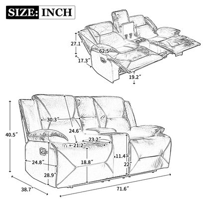 2 Seater Home Theater Recliner Manual Recliner Chair with a LED Light Strip Two Cup Holders and a Storage Box for Living Room,Bedroom, Grey