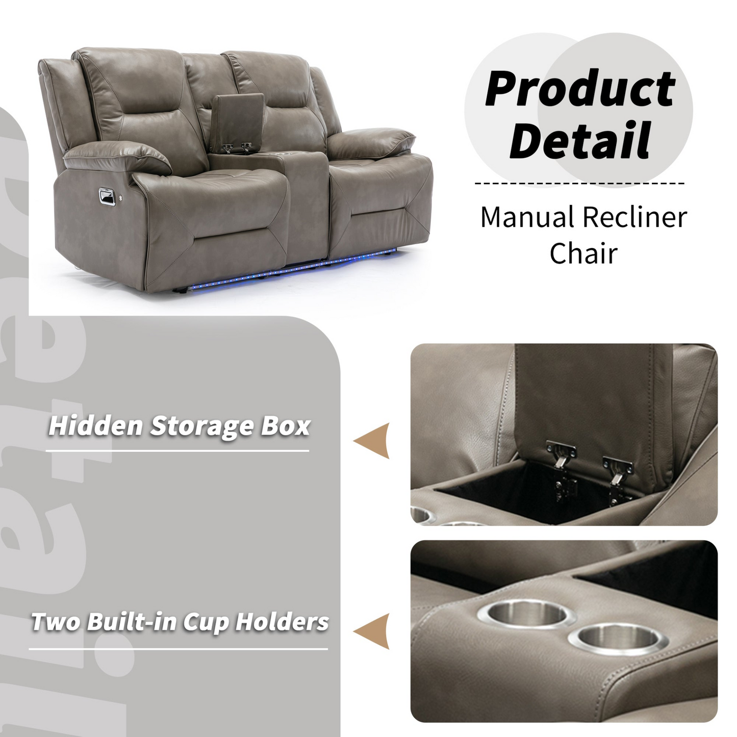 2 Seater Home Theater Recliner Manual Recliner Chair with a LED Light Strip Two Cup Holders and a Storage Box for Living Room,Bedroom, Grey