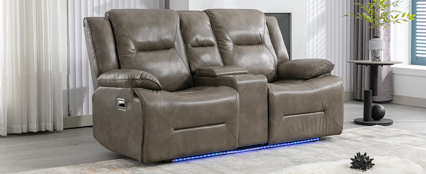 2 Seater Home Theater Recliner Manual Recliner Chair with a LED Light Strip Two Cup Holders and a Storage Box for Living Room,Bedroom, Grey