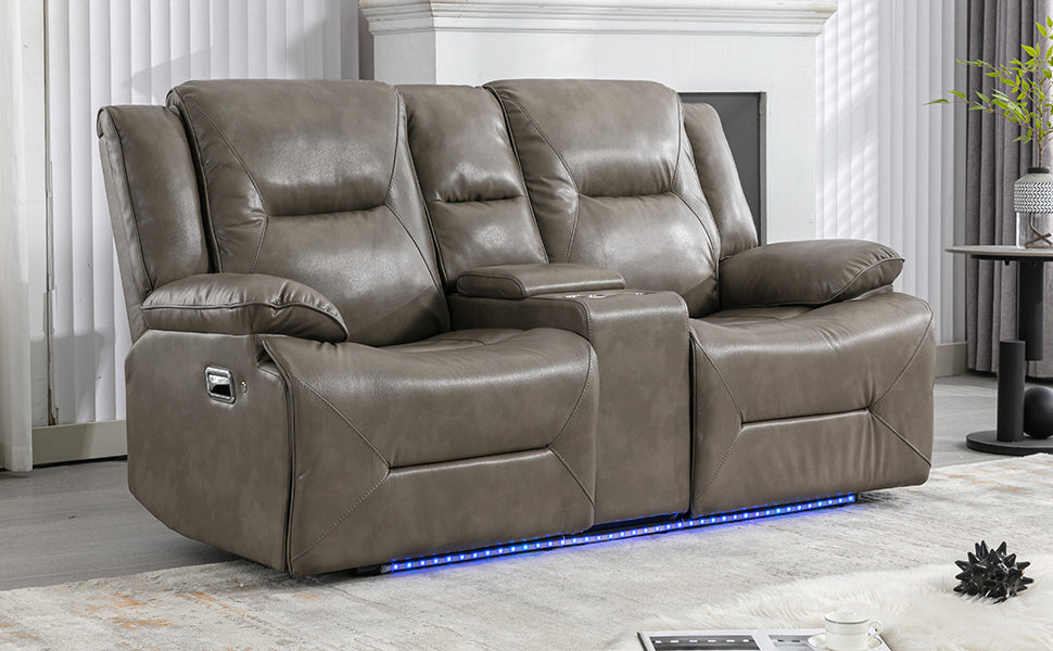 2 Seater Home Theater Recliner Manual Recliner Chair with a LED Light Strip Two Cup Holders and a Storage Box for Living Room,Bedroom, Grey