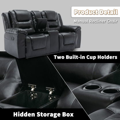 2 Seater Home Theater Recliner Manual Recliner Chair with a Storage Box and Two Cup Holders for Living Room,Bedroom, Black