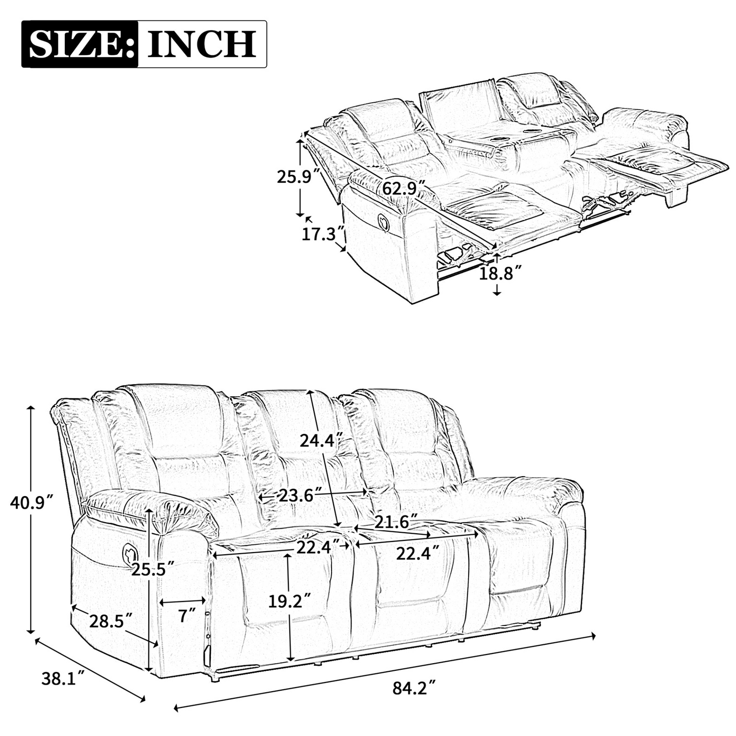 3 Seater Home Theater Recliner Manual Recliner Chair with Two Built-in Cup Holders for Living Room,Bedroom, Grey