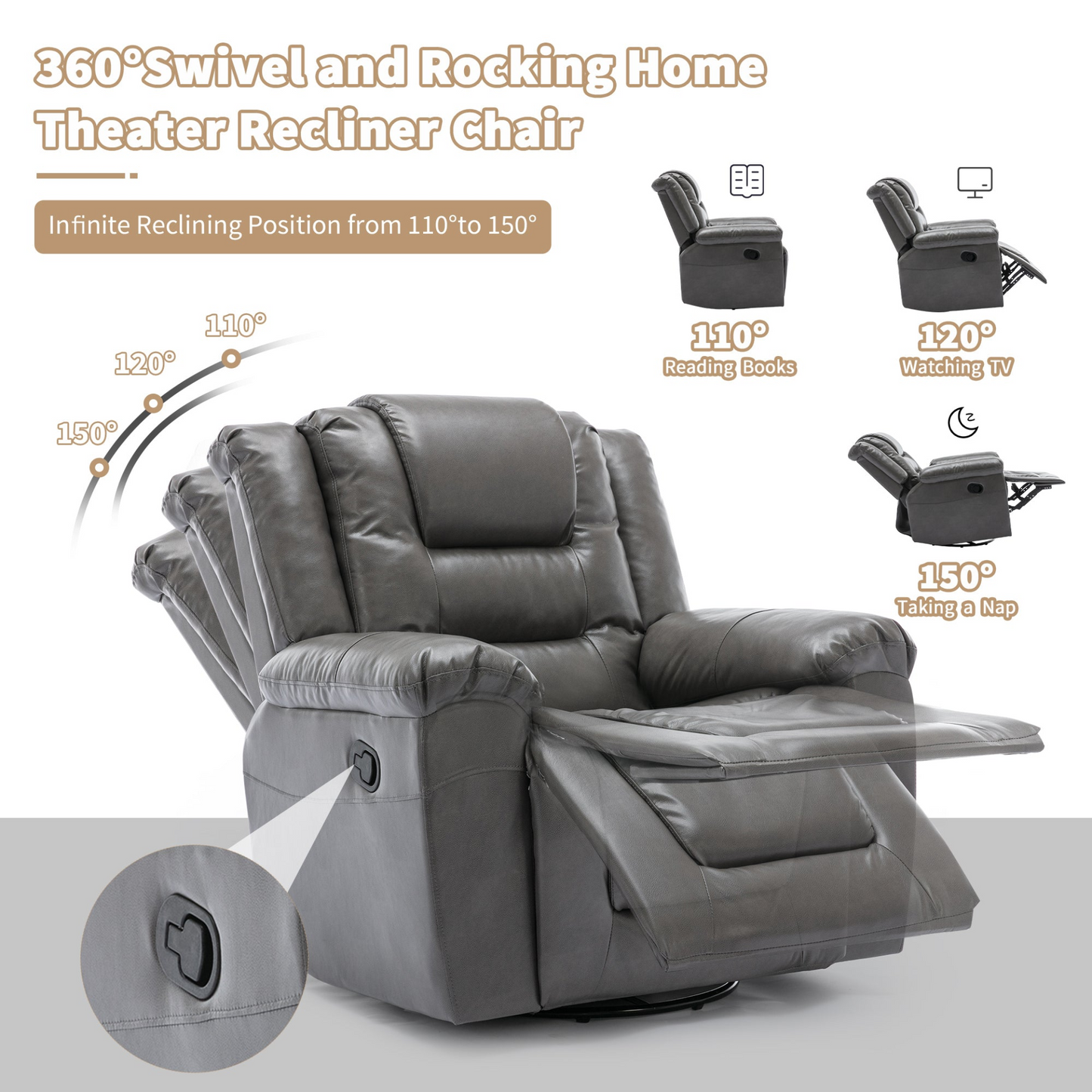 3 Seater Home Theater Recliner Manual Recliner Chair with Two Built-in Cup Holders for Living Room,Bedroom, Grey