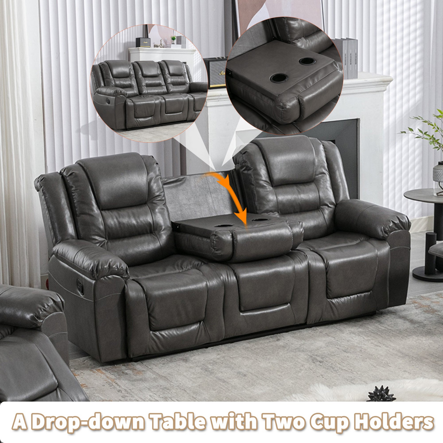 3 Seater Home Theater Recliner Manual Recliner Chair with Two Built-in Cup Holders for Living Room,Bedroom, Grey