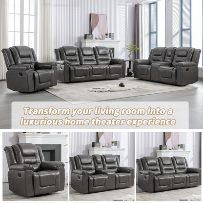 3 Seater Home Theater Recliner Manual Recliner Chair with Two Built-in Cup Holders for Living Room,Bedroom, Grey