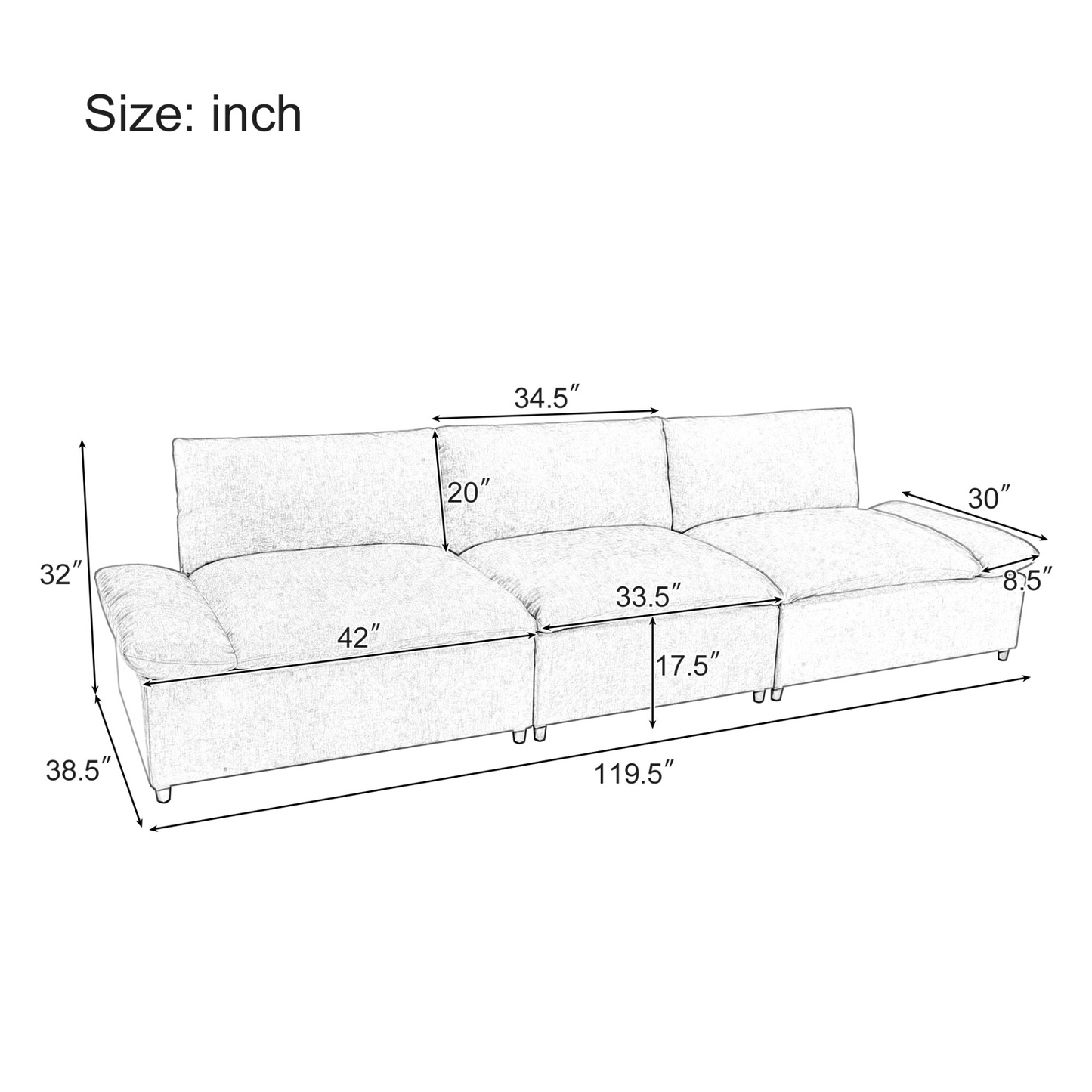 119.5'' 3 Seater Sofa with 2 Storage Units , for Living Room, Office, Apartment