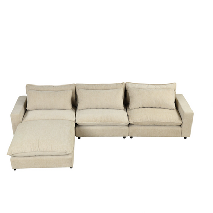 128" Sectional Sofa Cloud Sofa Chenille Upholstered Sofa  Couch with Movable Ottoman, Comfortable Seat Cushions, Charging Ports and Three Back Pillows for Living Room, Beige