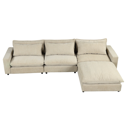 128" Sectional Sofa Cloud Sofa Chenille Upholstered Sofa  Couch with Movable Ottoman, Comfortable Seat Cushions, Charging Ports and Three Back Pillows for Living Room, Beige