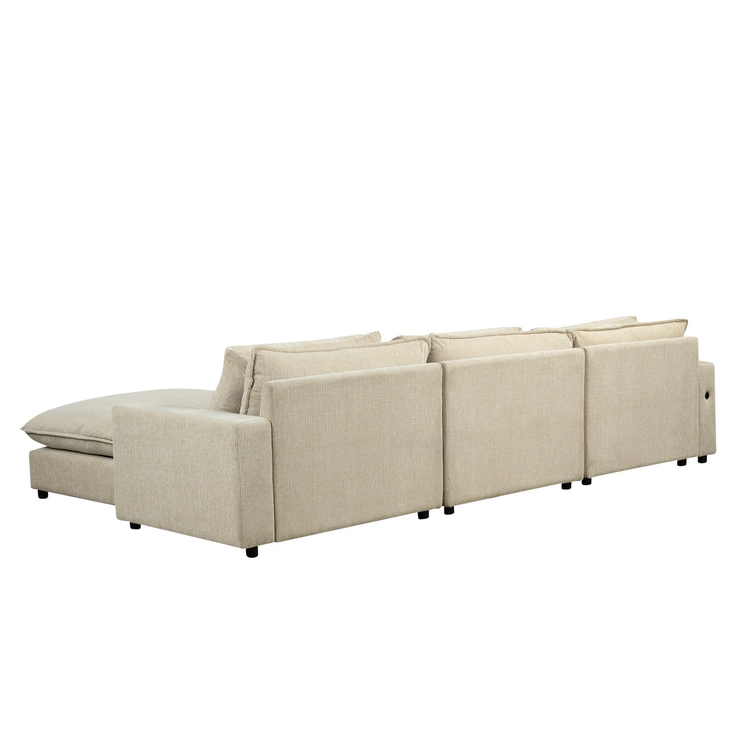 128" Sectional Sofa Cloud Sofa Chenille Upholstered Sofa  Couch with Movable Ottoman, Comfortable Seat Cushions, Charging Ports and Three Back Pillows for Living Room, Beige