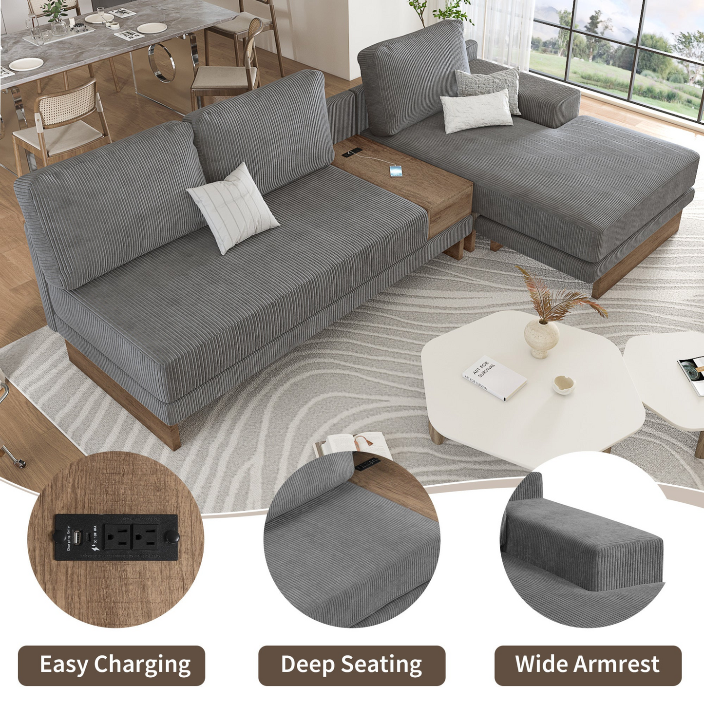 114" L-shaped Sofa Sectional Sofa with Two USB Ports and Two Power Sockets, a Storage Drawer and a Reversible Chaise Lounge for Living Room, Grey