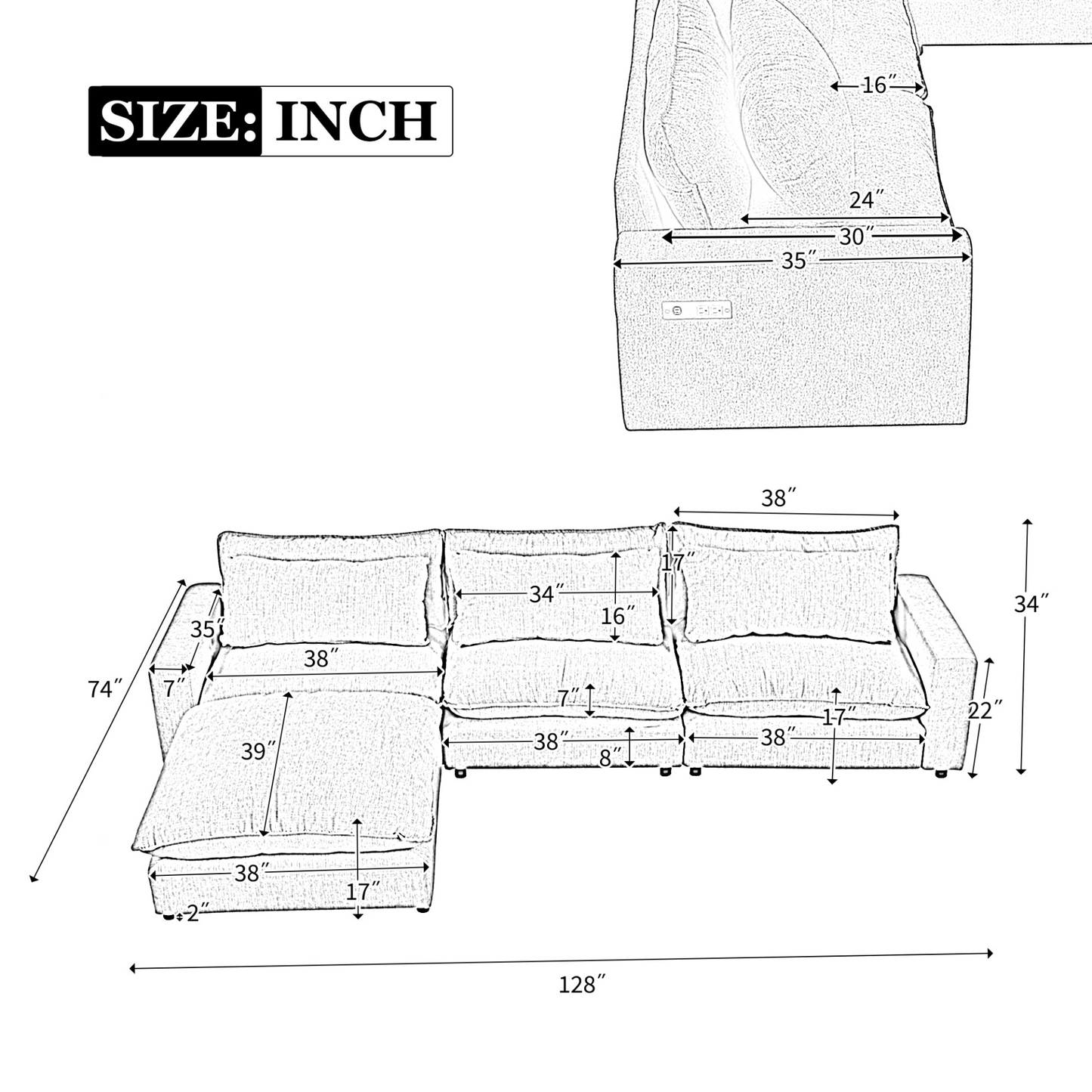 128" Sectional Sofa Cloud Sofa Chenille Upholstered Sofa  Couch with Movable Ottoman, Comfortable Seat Cushions, Charging Ports and Three Back Pillows for Living Room, Grey