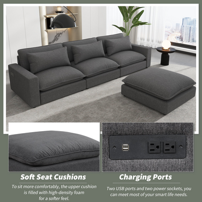 128" Sectional Sofa Cloud Sofa Chenille Upholstered Sofa  Couch with Movable Ottoman, Comfortable Seat Cushions, Charging Ports and Three Back Pillows for Living Room, Grey